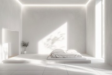 Light & Shadow Geometry: Minimalist White Bedroom Loft