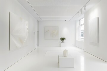 White Geometric Modern Interior Showcase: Minimalist Office Lobby with Art Decor in a Bright Apartment Building