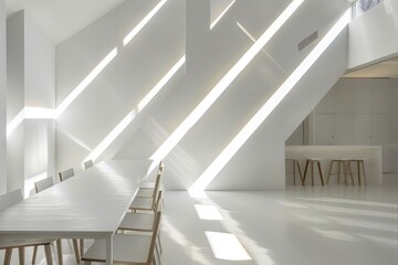 Fototapeta premium White Geometric Dining Space: Bright Light Shafts in Contemporary Loft