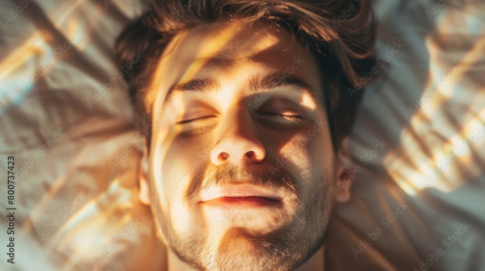 Poster a man with a content expression on his face reporting positive changes in his mood and sleep pattern