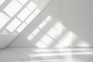 White Geometric Luxury: 3D Rendering of Minimalist Bedroom with Diagonal Morning Light
