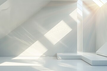 Minimalist White Loft: 3D Rendering of Clean Interior with Geometric Light Play