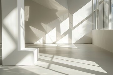 Geometry Play: Minimalist White Room in Bright Light Shadow Concept