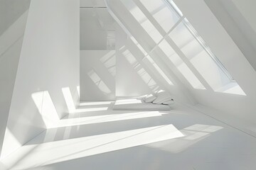 Fototapeta premium Minimalist White Room: Shadow Play & Geometric Design in a Bright Luxury Interior