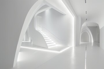 White Luxe: Monochromatic Minimalist Loft Bedroom with Luxury Textures and Geometric Design