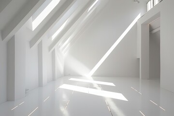 Fototapeta premium Diagonal Light Shafts in White Contemporary Workshop: Abstract Geometric Minimalist Space