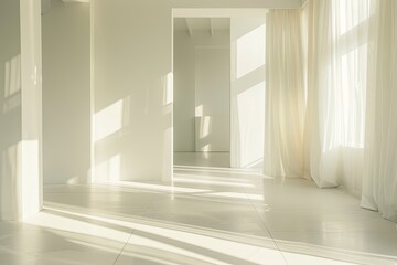 Minimalistic Light Interplay: Luxury Morning Sunlight in Bright White Room