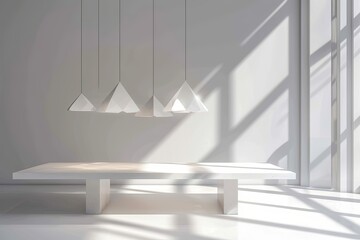 Fototapeta premium Geometry Gallery: Minimalistic Dining with Geometric Pendant Lights in Luxe White Space