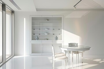 Minimalist White Room: Showcase Dining Room with Luxury China Cabinet