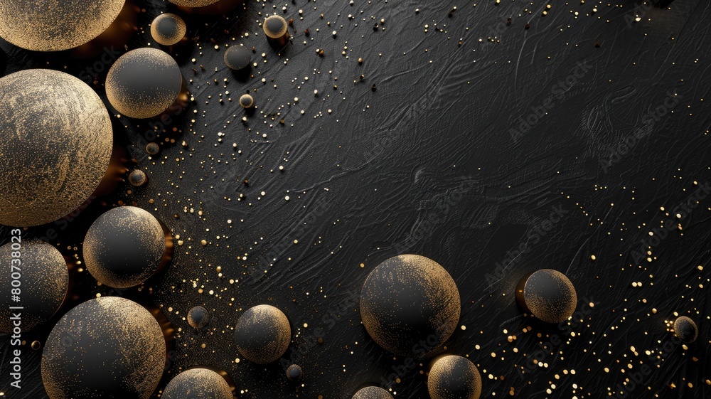 Poster spherical objects with gold textures on dark textured background specks