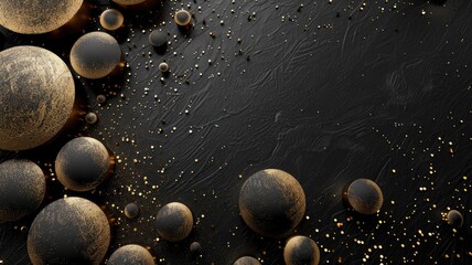 Spherical objects with gold textures on dark textured background specks