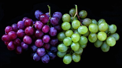 Purple and green grapes in bunches on a black background generative ai