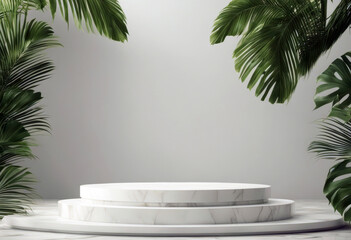 'splay rendering Cosmetic background product tropical White stand podium stone leaves 3D palm poduim dais concrete racked summer sunny coconut leaf nature deck relax empty space'
