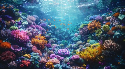 Naklejka premium Vibrant Coral Reef Teeming with Life in the Ocean Depths Awaiting Scuba Diver s