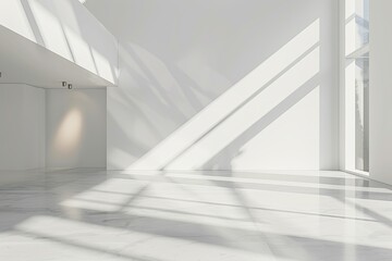 Captivating White Space: 3D Minimalist Modern Gallery Interior with Diagonal Light.