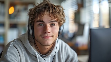 Optimistic Online Communication: Young Man Engaging in Remote Work