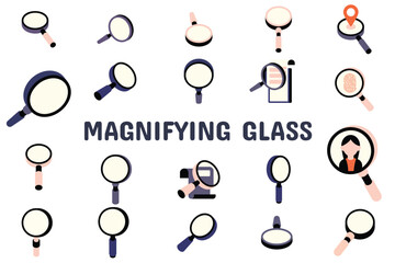 Magnifying Glass Flat Vector Illustration Icon Sticker Set Design Materials