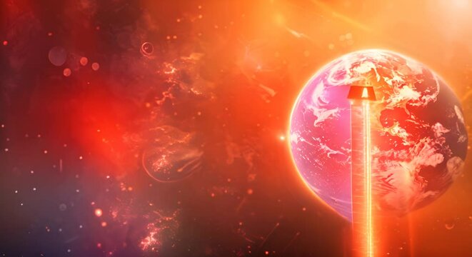 High-tech graphic of a thermometer, the mercury rising to critical levels against a backdrop of a darkening globe,