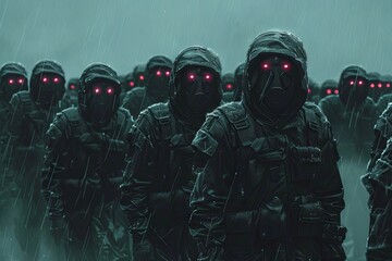 Futuristic Soldiers in a Dystopian Setting - An army of futuristic soldiers equipped with advanced gear against a backdrop of pouring rain, highlighting a dystopian scene