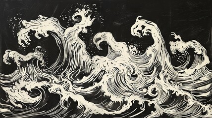 Monochrome ocean waves artistic illustration - An artwork of stylized ocean waves in dramatic black and white, conveying a powerful natural motion