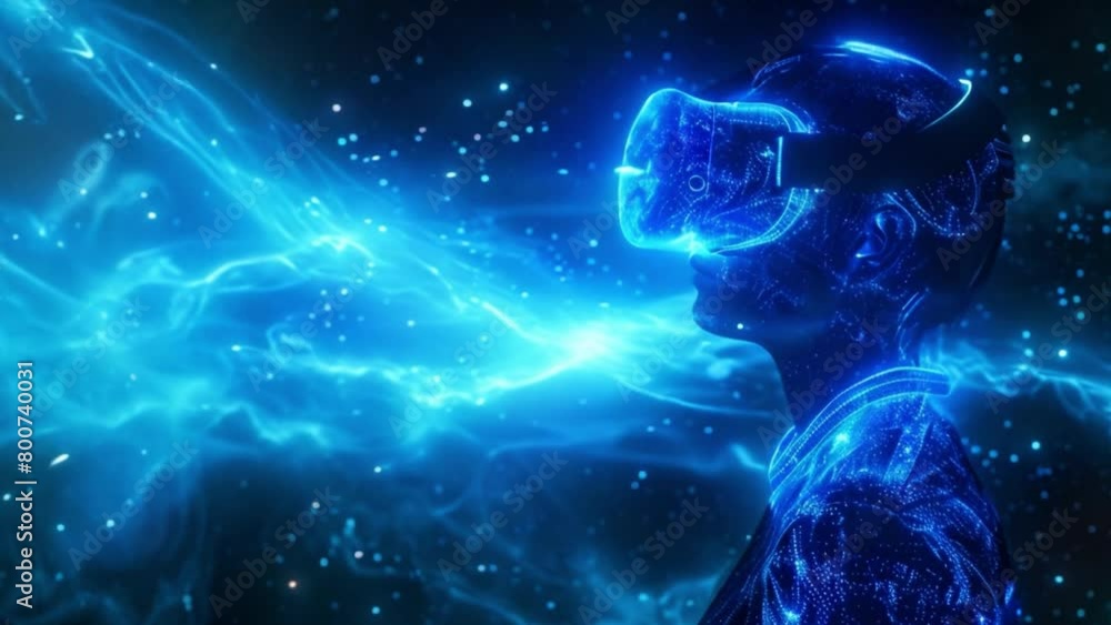 Poster Man Experiencing Virtual Reality in a Neon Digital World