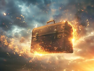 Fiery briefcase burning intensely amidst floating embers.