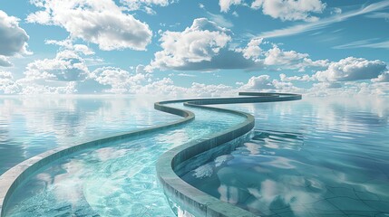 A long and winding road made of water, suspended in the sky.