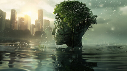 Urban flooding Water and sky blend as a city and trees stand reflected, capturing the essence of nature's concept