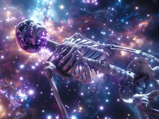 A skeleton floating in space with a beautiful nebula in the background. - obrazy, fototapety, plakaty