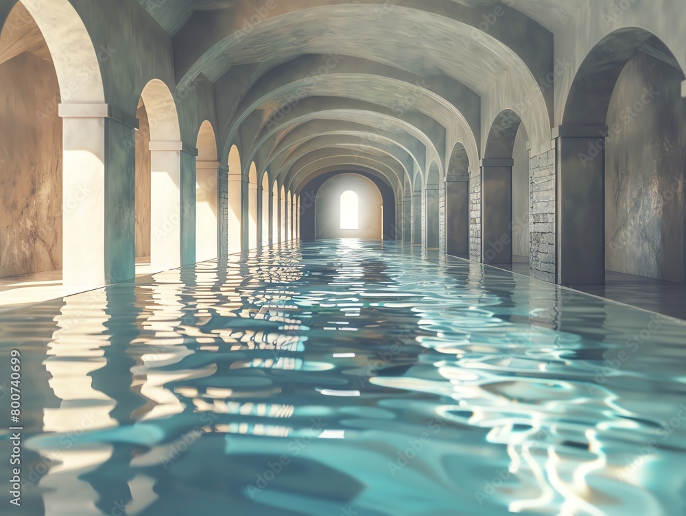 Poster conceptual view of a flooded classical hallway with arches and soft natural light reflection.