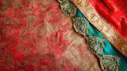 Close-up of traditional South Asian fabric with intricate patterns and vibrant colors
