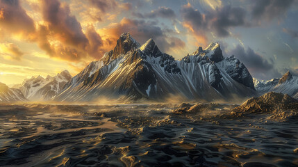 Majestic stokksnes mountains in islandia stand tall against a painted sky their snowy peaks contrasting with the dark patterned sands below the golden sunlight softly illuminates the landscape  - obrazy, fototapety, plakaty