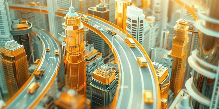 
3D rendering miniature scene design, Tall buildings, A winding urban road runs through the middle, a lot of cars on the road, transparent material pipeline transports materials