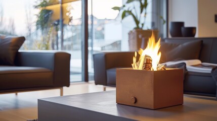 Obraz premium A compact freestanding fireplace featuring interchangeable modules for a customizable heating solution. 2d flat cartoon.