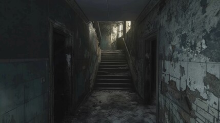 A dimly lit hallway with a staircase ascending towards a closed door at the top. The scene exudes a sense of mystery and suspense as the stairs disappear into the shadows.