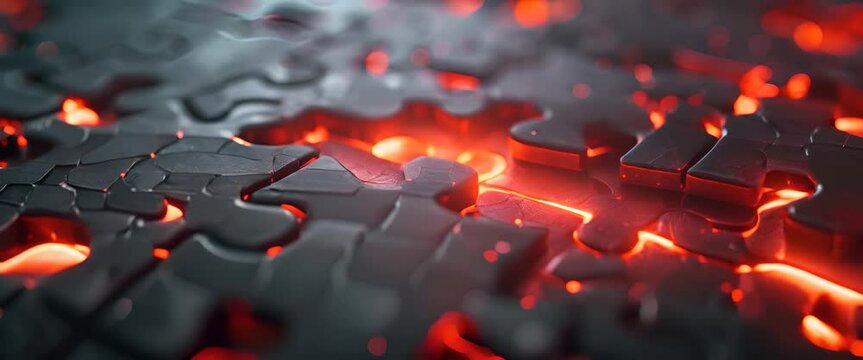 A close up of a jigsaw puzzle with red pieces