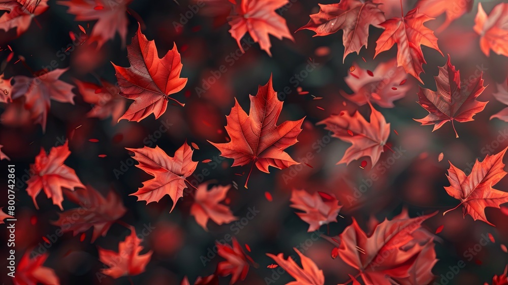 Poster floating autumn leaves in soft light and bokeh - vivid red autumn leaves appear to float in mid-air,