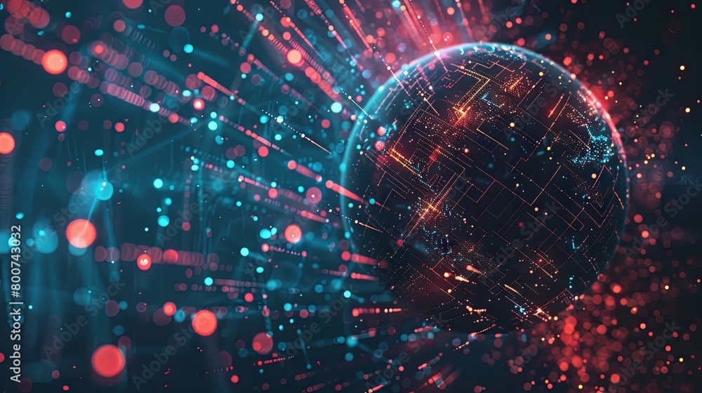Poster digital globe with red data lines and light bursts - the image features a digital globe with red dat