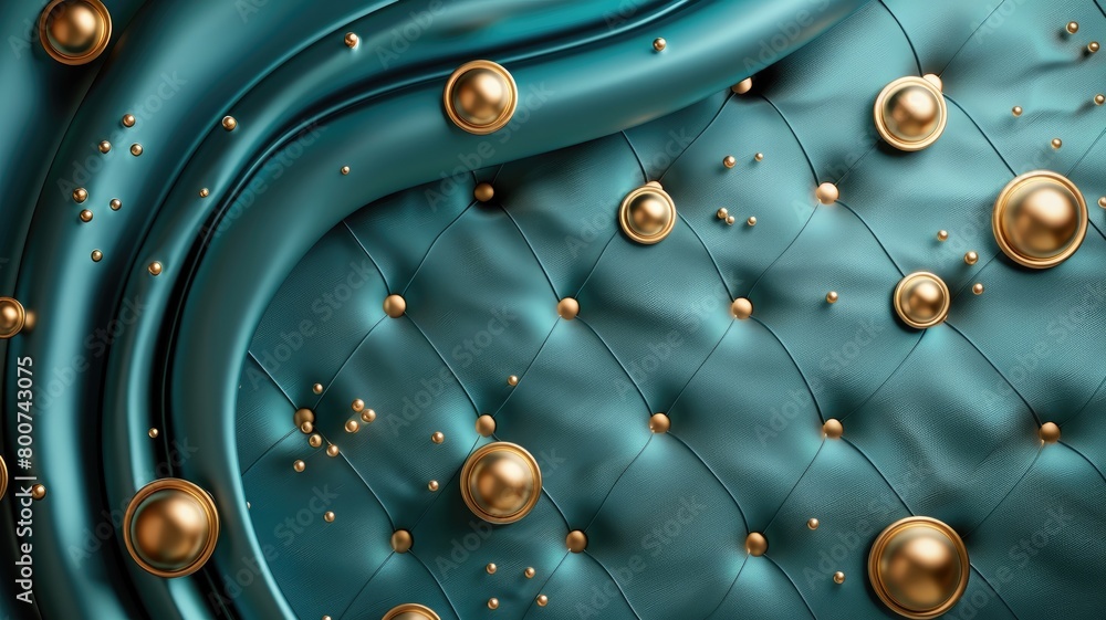 Poster 3d abstract pattern of teal tufted fabric with golden buttons