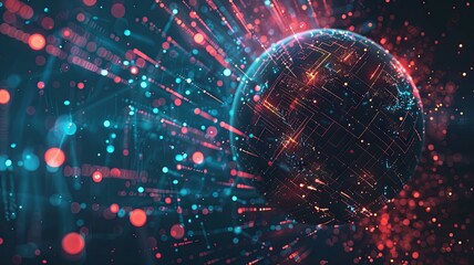 Obraz premium Digital globe with red data lines and light bursts - The image features a digital globe with red data lines and light bursts, symbolizing high-speed data transfer and technology