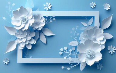 Paper flowers and white rectangular frame, paper cut style blank flowers