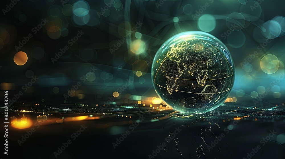 Poster glowing digital globe with dynamic light effects - this visually striking image shows a digital glob