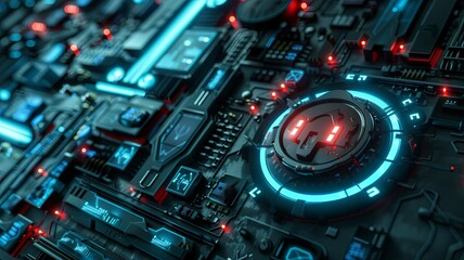 Fototapeta premium Advanced tech motherboard in red and blue - Vibrant contrasting red and blue lights illuminating a high-tech motherboard, showcasing a powerful computing concept
