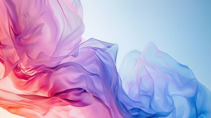 Fluid, pastel-colored silk fabric floating elegantly in soft breeze against blue gradient background