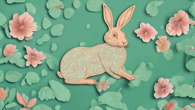 Rabbit Paper Cut with Doodle Flower leave on Green Mint, motion