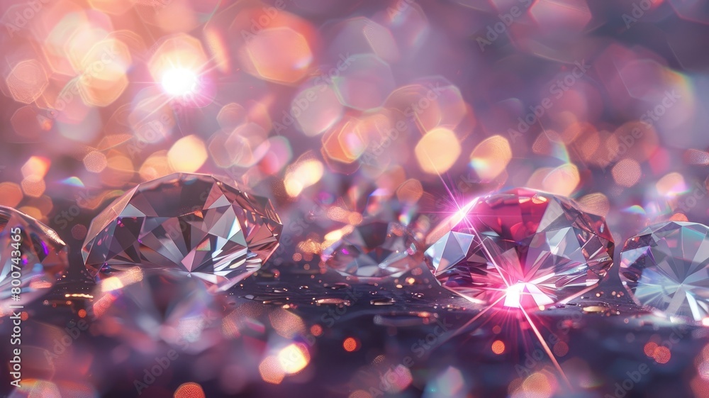 Poster sparkling diamonds on reflective surface with vibrant bokeh effect in background