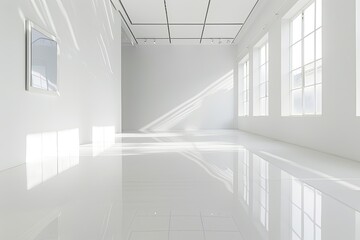 Obraz premium Reflective White Space: Modern Gallery Photography Studio with Minimalist Design and Contemporary Architecture