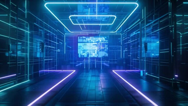 Long Hallway With Neon Lights and Map on Wall