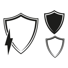 Energy protection shields. Electricity safeguard symbols. Secure power emblems. Safety barrier icons. Vector illustration. EPS 10.