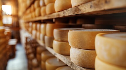 Aged cheese wheels on wooden shelves in a cheese maturation cellar. Artisanal cheese production, gourmet food, and culinary arts concept. Food market, recipe book, culinary education with copy space.